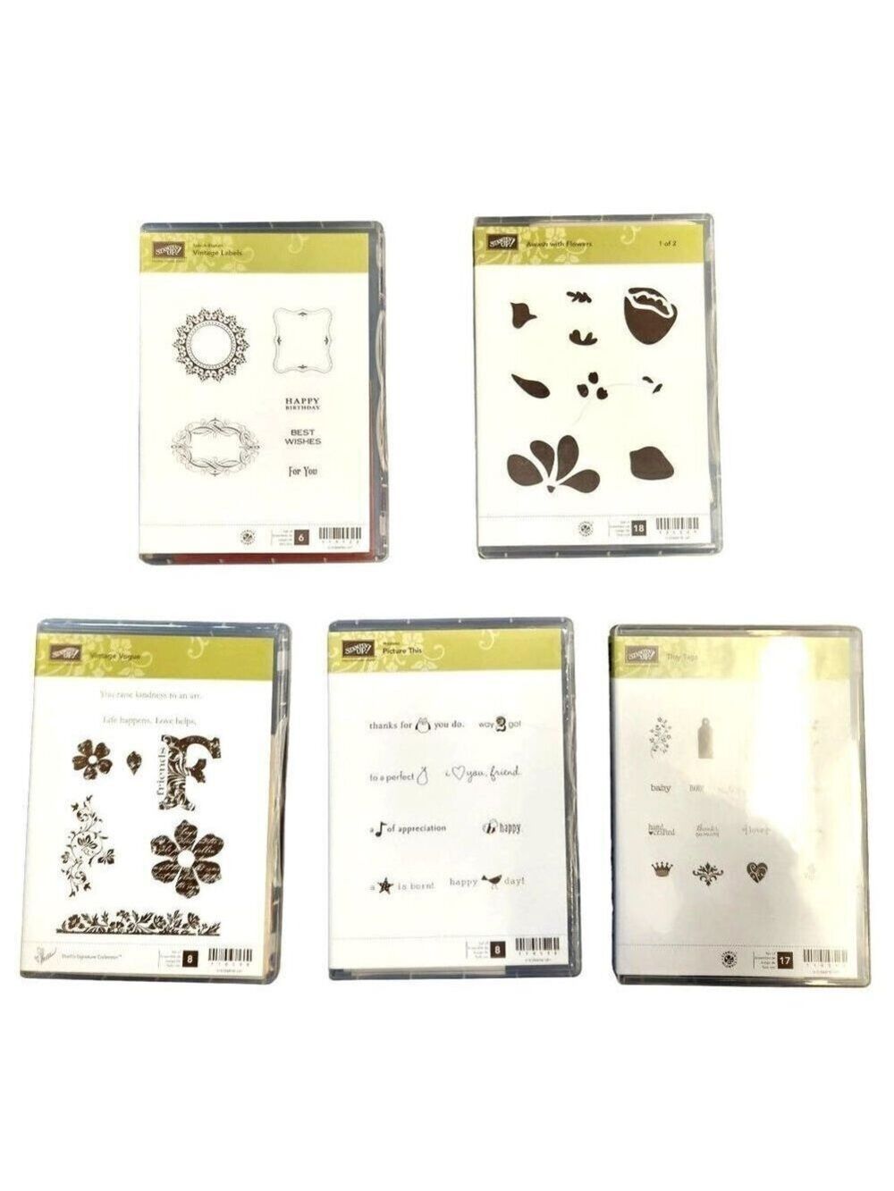 Stampin Up! 5 Complete Stamp Sets, Flowers, Labels, Tags, Vintage, and more